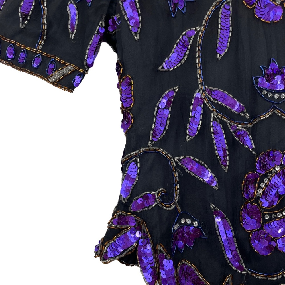VINTAGE by Laurence Kazar NY Purple Sequined & Beaded Shirt Mega Shoulder Pads - Picture 4 of 10